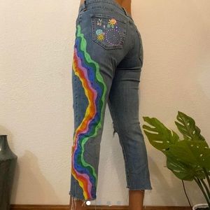 🌸 Hand Painted Psychedelic Rainbow Distressed Jeans